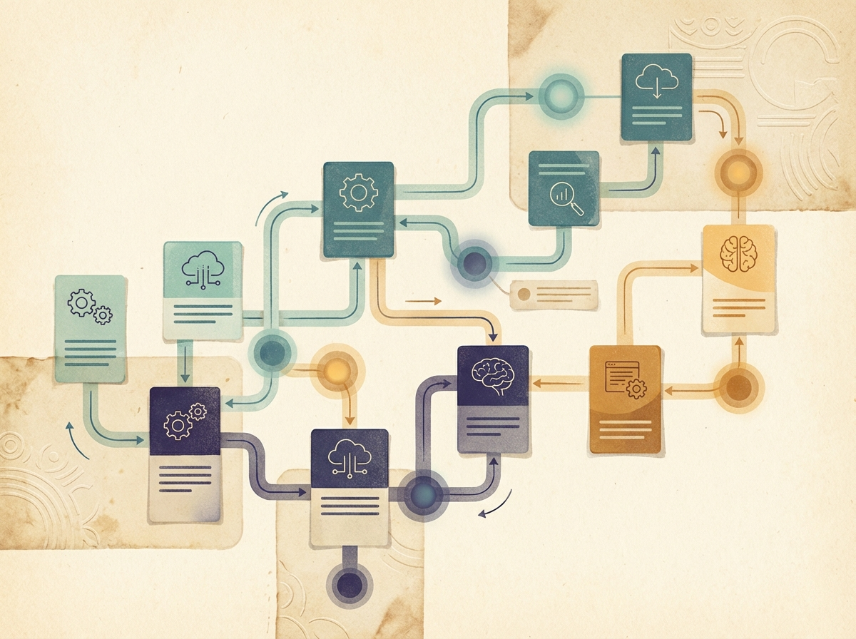 Editorial illustration of connected orchestration cards and nodes