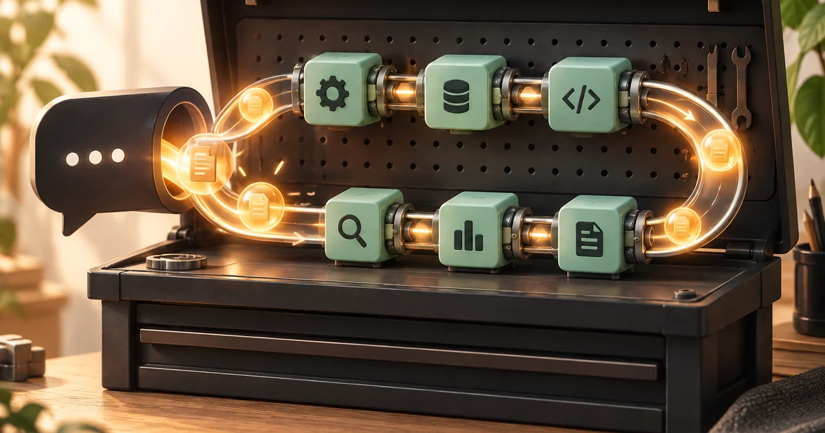 Conceptual editorial illustration of connected workflows and a desktop task returning to a message thread, not a product screenshot.