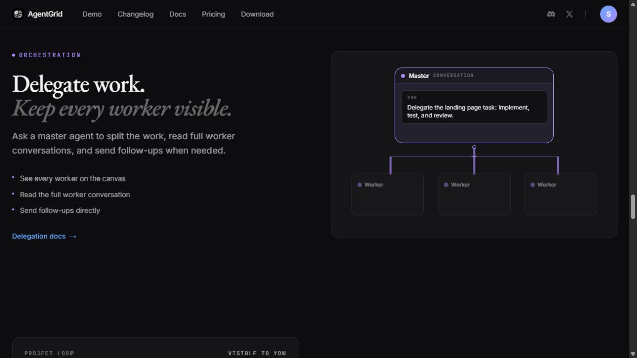 AgentGrid website explaining visible master and worker delegation