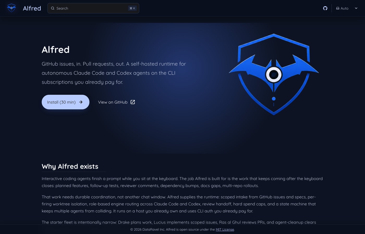 Alfred docs homepage showing the install and View on GitHub actions, with the bat shield logo and the GitHub issues to PRs tagline