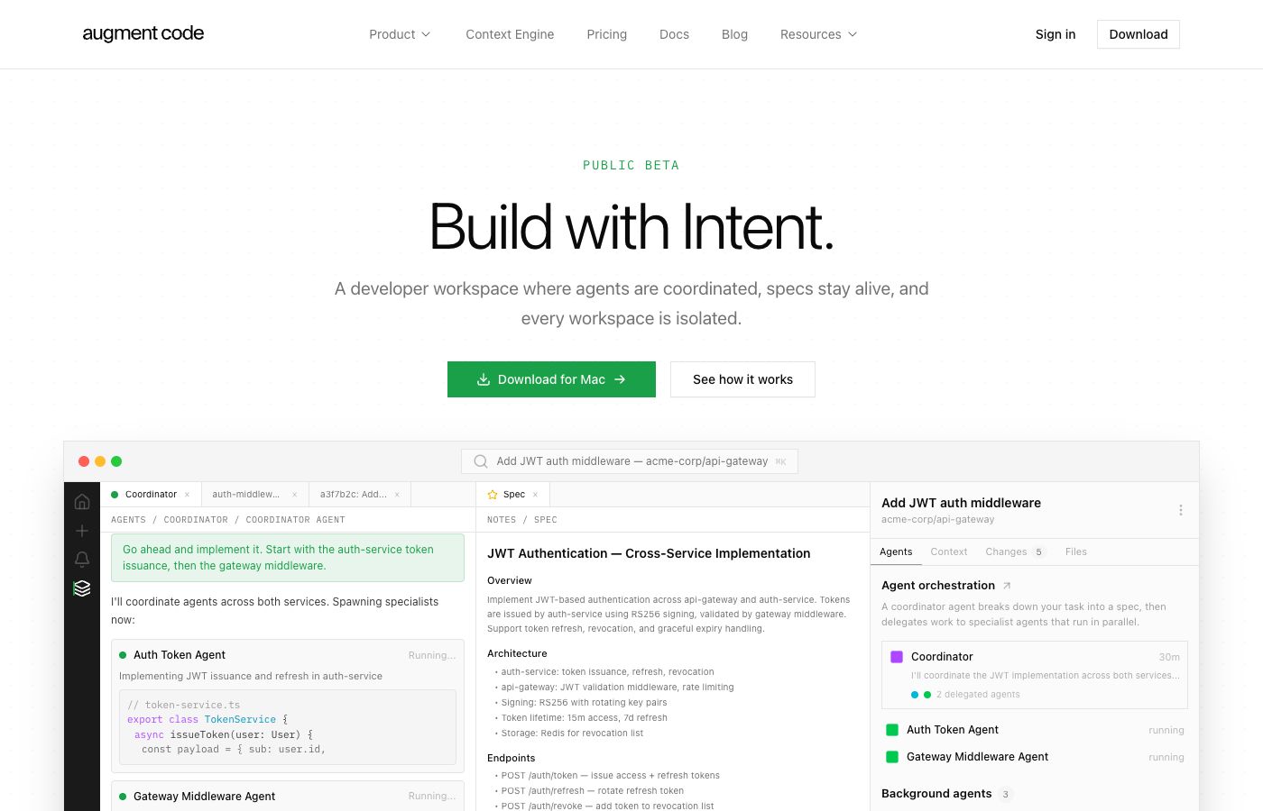 Augment Code Intent public platform context screenshot
