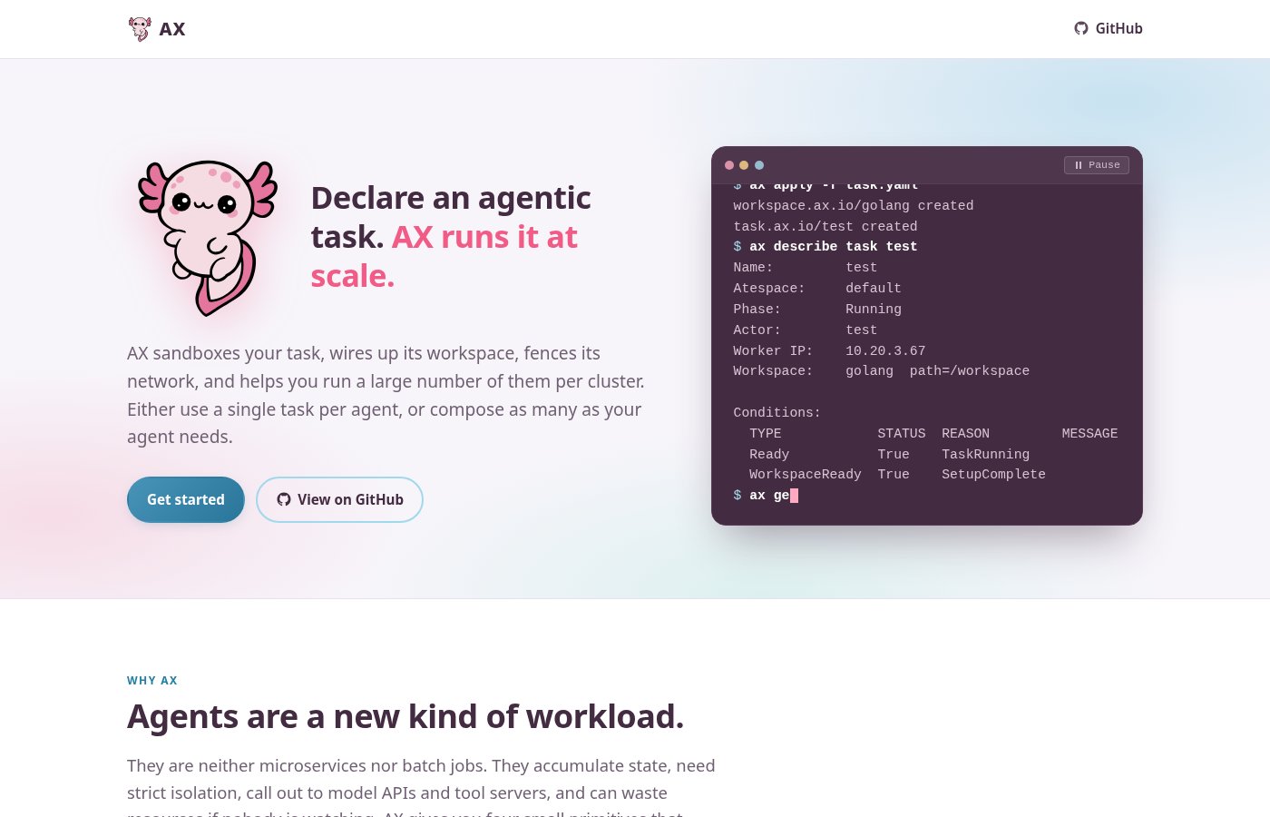 AX homepage with the Axel axolotl mascot, the Declare an agentic task headline and a terminal running ax apply and ax describe task