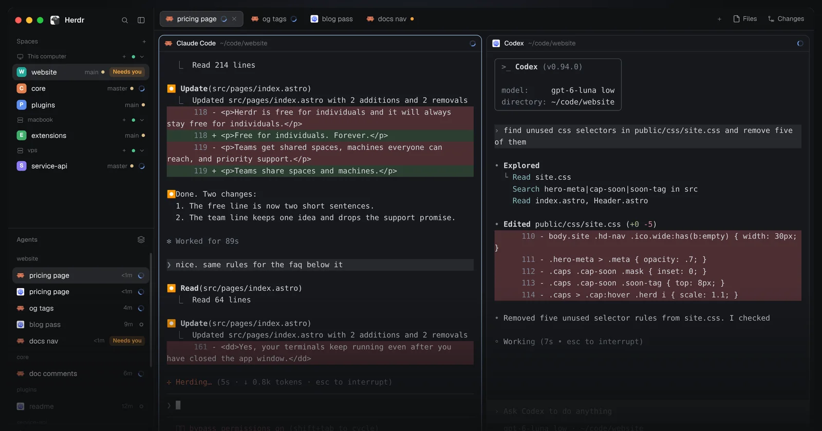 Herdr app demo with a Spaces and Agents sidebar, a website space marked Needs you, and Claude Code and Codex panes side by side