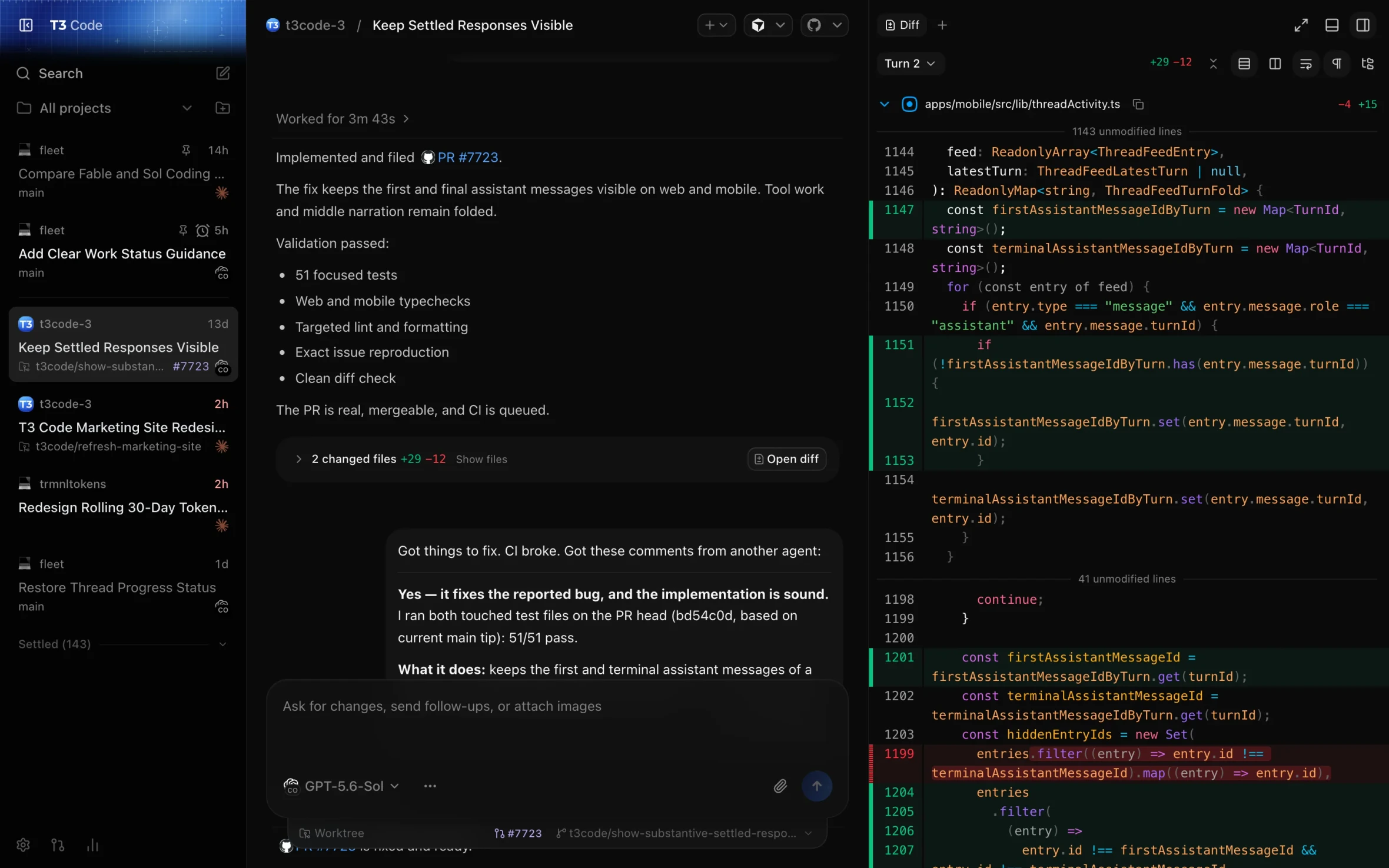 T3 Code desktop interface with project threads, an agent response and a pull-request diff